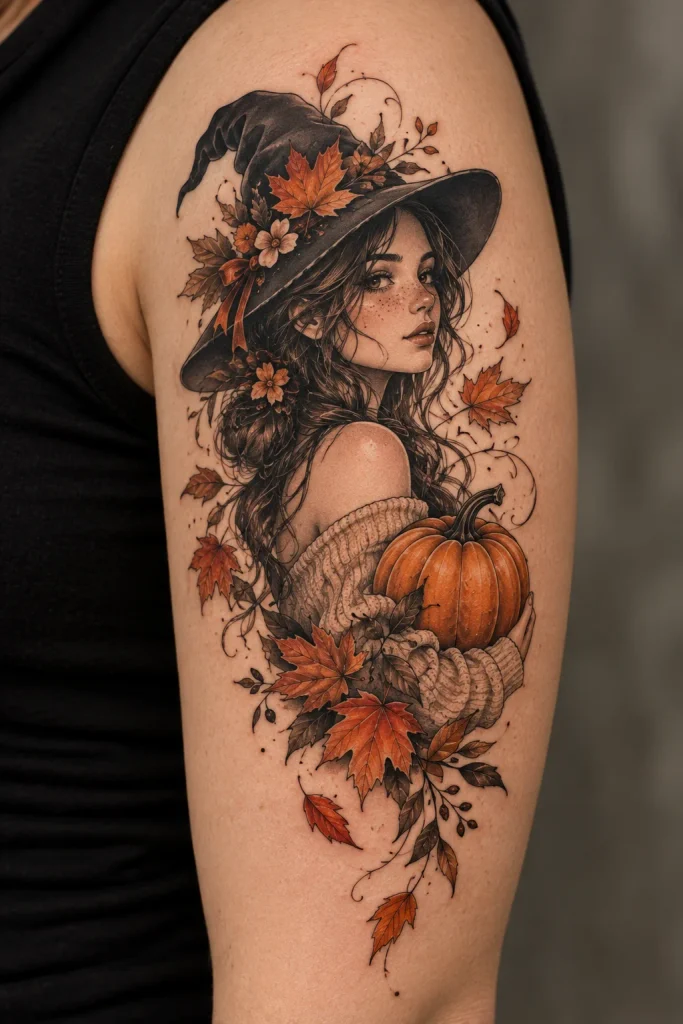 Falling Leaves and Pumpkin Tattoo