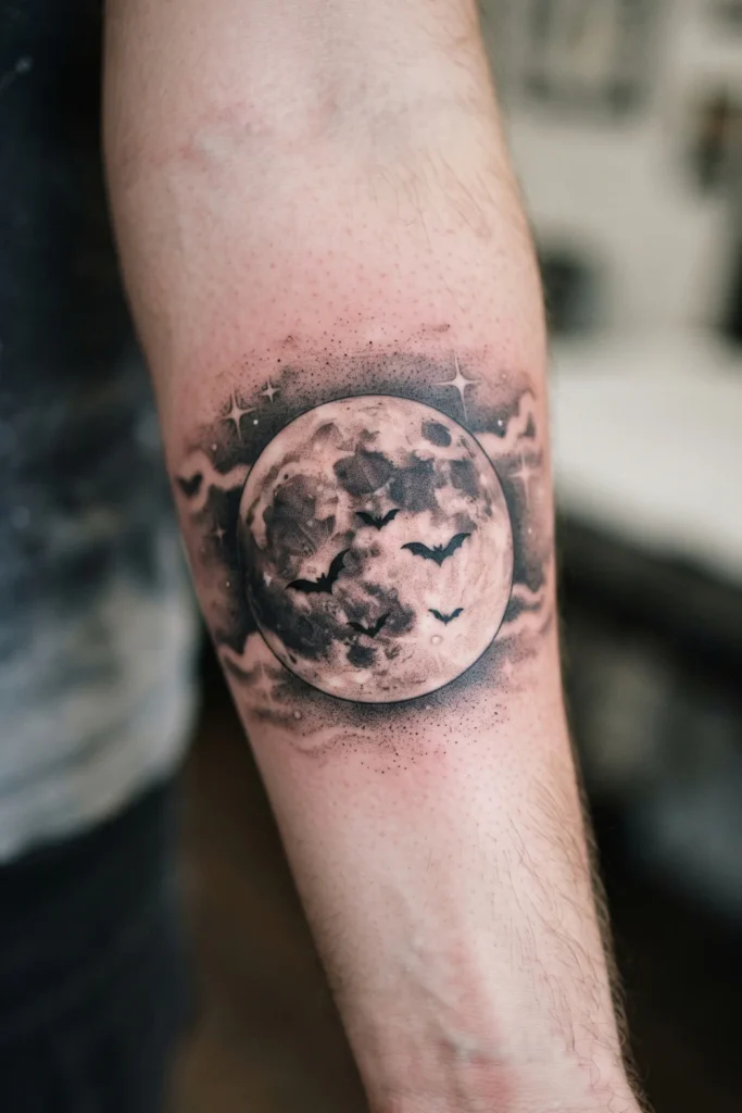 Full Moon and Bats Tattoo