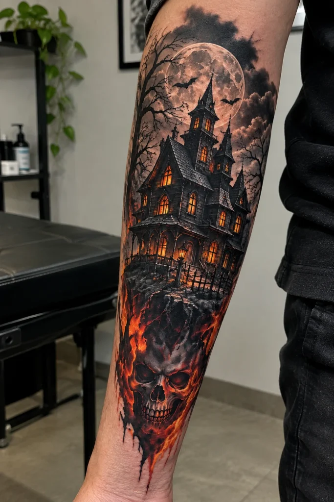 Haunted House Silhouette Tattoo