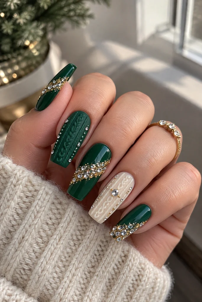 Sweater Nail Art With Rhinestone Detailing