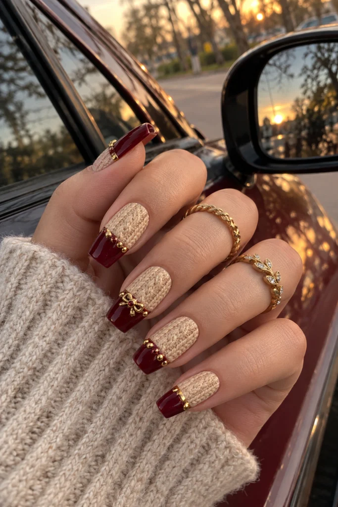 Sweater Nails in Burgundy and Gold