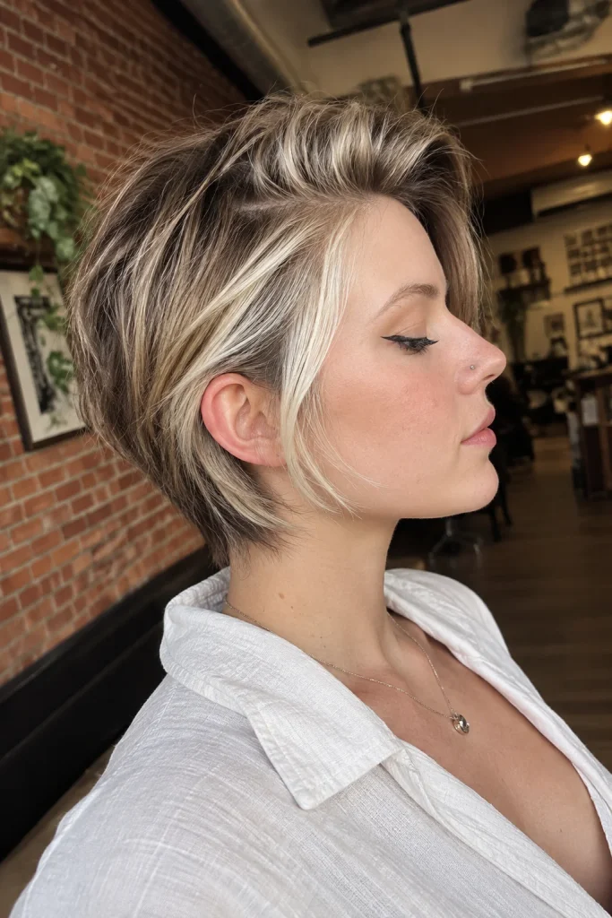 Blonde Pixie with Money-Piece Highlights hair
